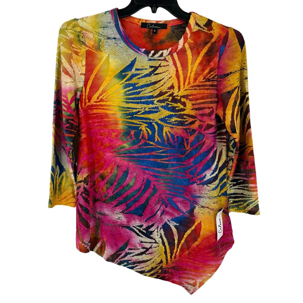 Calessa Tie Dye Burnout 3/4 Sleeve Asymmetric Hem Tunic Shirt Size Small